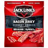 Jack Link's Bacon Jerky, Hickory Smoked - Flavorful Ready to Eat Meat Snack with 11g of Protein per Serving, Made with 100% Thick Cut Real Bacon, Protein Snack, Keto Friendly, 2.5 oz.