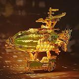 FUNPOLA LED 3D Wood Puzzle Fantasy Airship Model - Steampunk DIY Craft Kit with LED Lights – Intricate Wooden Airship Model Building Set for Teens and Adults(Green)