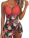 SUUKSESS Womens One Piece Swimdresses Skirt Tummy Control Swimsuits V Neck Gold Metal Tie Knot Bathing Suit 2025(Coral Pink Leaf,L)