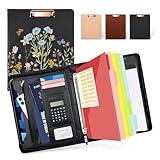 Ospelelf Leather Portfolio Folder with Zipper - 3 Ring Binder with Clipbard - Calculator, 12.1” Tablet Sleeve, 5 Dividers with 10 Pockets, Refillable Notepad, Card Holder (Bushes)