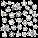 30 PCS Lace Flowers Applique Embroidery Flowers Leaf Sew Iron On Patch, Organza Patches for Wedding Bridal Dress Sewing Craft DIY Clothes Hair Ornaments (White)