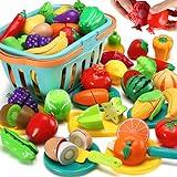 70 PCS Cutting Play Food Toy for Kids Kitchen, Pretend Fruit &Vegetables Accessories with Shopping Storage Basket, Plastic Mini Dishes and Knife, Educational Toy for Toddler Children Birthday Gift