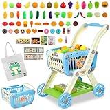 Kids Shopping Cart - 2 in 1 Toy Shopping Cart with Play Food Fruit Vegetable Dessert and Shop Accessories, 72pcs Pretend Play Grocery Store Toy Kitchen Game Trolley Play Set for Kids (Blue)