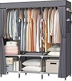 LOKEME Portable Closet, 61-Inch Portable Wardrobe with 3 Hanging Rods and 6 Storage Shelves, Non-Woven Fabric, Stable and Easy Assembly Grey Portable Closets for Hanging Clothes with Side Pockets