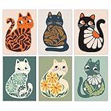 FEOFTIE Cat Wall Art Neutral Boho Poster Plants Retro Animal Pictures Print Green Posters Mid Century Printing Colorful Cat Art Vintage Orange Bedroom Bathroom 8x10 Inch Set of 6 Unframed