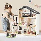 Tiny Land Doll House, Modern Family Dollhouse with Realistic Design, Wooden Dollhouse with 53Pcs Furniture - Ideal Gift for Kids Ages 3+