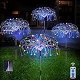 Outdoor Solar Garden Lights, 4 Pack 120 LED Copper Wire Waterproof Garden Fireworks Lamp with Remote, 8 Modes Decorative Sparkles Stake Landscape Light for Pathway Lawn Decor (Colorful)