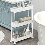 SPACELEAD Slim Storage Cart,3 Tier Bathroom Rolling Utility Cart Slide Out Cart, Mobile Shelving Unit Organizer Trolley for Office Bathroom Kitchen Laundry Room Narrow Places, White