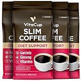 VitaCup Slim Ground Coffee, Diet Support with Ginseng, Garcinia, B Vitamins, Medium Dark Roast, Bold and Smooth,100% Arabica Specialty Coffee Grounds, 4 bags, 11oz each