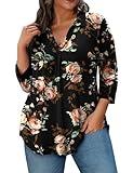 REDHOTYPE Womens Plus size Tops 3/4 Sleeve Shirts Collared V Neck Blouses Casual Work Tunic Tops,Black Print,3X