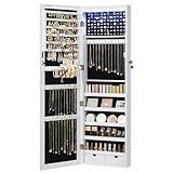 SONGMICS 6 LEDs Mirror Jewelry Cabinet, 47.2-Inch Tall Lockable Wall or Door Mounted Jewelry Armoire Organizer with Mirror, 2 Drawers, 3.9 x 14.6 x 47.2 Inches, White UJJC93W