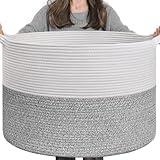 INDRESSME Large Storage Basket, 21.7'' x 13.8'' Cotton Rope Blanket Basket Living Room, Toy Organizers and Storage with Handles for Kids, Laundry Basket for Clothes, Towel, 90L Grey