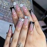 QQPPOLIU Flare Press on Nails Medium Length Black French Tips Acrylic Nails Fake Nails False Nails with Rhinestones and Flower Decorations Designs Full Cover Nails Gift for Girls