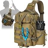 Piscifun Fishing Tackle Bag with Rod & Gear Holder, Lightweight Sling Tackle Storage Bag, Outdoor Shoulder Pack for Hiking, Hunting, Kaki
