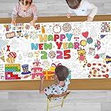 YQUQWN Giant Happy New Year Coloring Poster - 35.5×72 Inch Disco Ball Poster Tablecloth - Happy New Years Eve Crafts Party Favors - New Year Kids Activities Party Decoration Supplies 2025