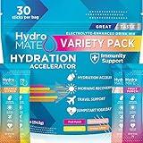 HydroMATE Electrolytes Powder Drink Mix Packets Hydration Accelerator Low Sugar Rapid Party Recovery Plus Vitamin C Variety Pack 30 Count