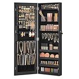 SONGMICS Mirror Jewelry Cabinet Armoire, Wall or Door Mounted Jewelry Storage, Hanging Lockable Frameless with 2 Plastic Cosmetic Organizers, Gift Idea, Black UJJC001B01