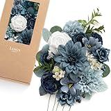 Ling's Moment Fake Flowers Box, Faux Artificial Greenery Stems Foam Dahlia Silk Roses for Wedding Decor Centerpieces Table Decorations Floral Picks Arrangements, Dusty Blue, Deluxe Combo