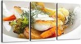 Cod Fillet Baked Vegetables White Restaurant Plate 3 Piece Canvas Wall Art for Living Room Bedroom Office Framed Prints Pictures Painting Wall Decor Artwork for Walls Set of 3