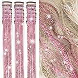 ZYXQZYX Hair Tinsel Kit Pack of 18 Pcs Hair Tinsel Clip in 19.6Inch Glitter Tinsel Hair Extensions Heat Resistant Clip in Hair Tinsel Sparkle Fairy Hair Accessories for Kids Girls Women (Pink)