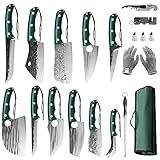 FULLHI Portable 17pcs Butcher Chef Knife Set Green woodhandle High Carbon Steel Cleaver Kitchen Knife FullTang Vegetable Cleaver Home BBQ Camping with Knife Bag