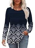 OFEEFAN Womens Sweaters Long Sleeve Tops Fall Clothes 2024 Boho Print Warm Fleece Pullovers Winter Tunic Tops Pleated Front Navy XL