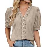 Amazon haul Store Summer Tops for Women 2025 Trendy Boho Lace V Neck Short Sleeve Shirts Business Casual Loose Fit Soft Tee Blouses Womens Fashion 2025 Khaki M