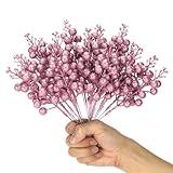 Kesywale Artificial Pink Berry Stems, 24 Pack 8.7" Christmas Glitter Berries Stems Artificial Fruit Berry Holly Flower Branch Picks Home Holiday Wedding Party DIY Christmas Tree Crafts Decor (Pink)