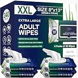 Adult Wipes For Elderly - 8"x13" 240ct (4 Packs of 60) Huge & Soft Non-Flushable Body Wipes for Adults Bathing No-Rinse - Incontinence Disposable Washcloths, Vitamin E & Aloe Infused Shower Wipes.