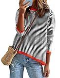Womens 2024 Long Sleeve Tops Sweaters Casual Crewneck Striped Color Block Drop Shoulder Shirts Lightweight Cute Fashion Knitted Pullover Tops Ladies Fall Jumpers Y2K Trendy Tops Black with White
