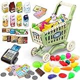 deAO Kids Shopping Cart Trolley for Groceries Toddlers 65 Food Fruit Vegetables Pretend Play Food Role Play Educational Toy Play Kitchen Toys Store Playset (Green)