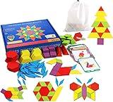 Set of 155 Wooden Pattern Blocks Geometric Manipulative Shape Puzzle Kindergarten Graphical Classic Educational Montessori Tangram Toys for Kids Ages 3+ Jigsaw Puzzles Gift with 24 Pcs Design Cards