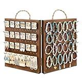 MOOCA Wooden Foldable and Portable 2 Panel Pegboard Jewelry Display Organizer with 48 Removable Black Metal Hooks & Convenient Rope Handle for Easy Carrying, Dual-Sided Panels for Hanging, Brown Color