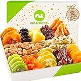 NUT CRAVINGS Gourmet Collection - Holiday Christmas Dried Fruit & Mixed Nuts Gift Basket in White Gold Box (12 Assortments) Xmas Kwanzaa Arrangement Platter Bday Care Package, Healthy Kosher Corporate