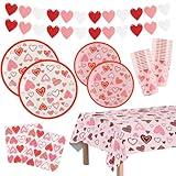 Arosche Valentines-Day Decorations Party Supplies Set for 25-Disposable Paper Plates, Napkins, Cups, Tablecloth & Garlands Happy Valentines-Day Romantic Hearts for Valentines-Day, Anniversary, Wedding