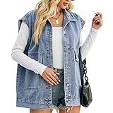 FindThy Women’s Vintage Denim Jean Vest Oversized Button Down Jean Waistcoat Gilet(1481-Blue-XL-LB)