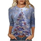 Deals Sales Womens Christmas Shirts 2024 Ugly Christmas Sweaters Ladies Blouses Xmas Tree Printed Tshirts 3/4 Sleeve Holiday Tops