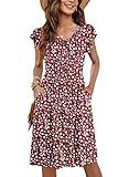 WNEEDU Women Summer Dresses Sleeveless Casual Loose Swing Button Down Midi Dress with Pockets(Floral Red,S)