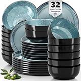 32 Piece Dinnerware Sets for 8 - Modern Style Stoneware Dinnerware Set - Scratch Resistant, Dishwasher Safe Plates and Bowls Sets Ceramic, Dish Set, Bowl and Plate Set - Black and Petrol Blue…