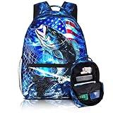 Bawpkn Bass Fish Backpacks for Kids Blue American Flag Schoolbag for Teenage Girls Boys Cute Children Book Bag for Preschool Kindergarten Bookbags Nursery Daycare Back to School Gifts