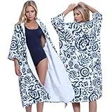 Beach Cover Up Robe Home Outdoor Travel Fashion big size Hooded Zip Front Bathrobe Tropical Print Swimsuit Cover Up 3/4 Sleeve（round flower）
