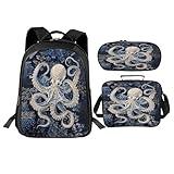 Luxvio Octopus School Backpack for Teens Kids Kindergarten Elementary Middle School Nautical 3-Pcs Bookbag, Octopus Ocean Navy Back Pack for Boys Girls Children Marine Book Bag, Small Modern Bag