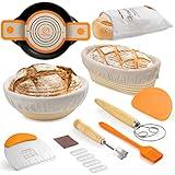 Banneton Bread Proofing Basket Set, 10 Inch Oval & 9 Inch Round Sourdough bread baking supplies with Linen Liner, Silicone Bread Sling, Danish Dough Whisk, Bread Lame, Bowl Scraper,Dough Scraper Kit