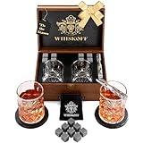 Whiskey Glass Set of 2 - Fathers Day Dad Gifts for Men - Bourbon Whiskey Stones Wood Box Gift Set - Includes Crystal Whisky Glasses, Chilling Rocks, Slate Coasters for Scotch Burbon