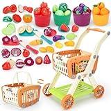 Kids Shopping Cart with Cutting Play Food Set for Kids Kitchen, 2 in 1 Shopping Cart for Kids Grocery Store Pretend Play Kitchen Accessories Sorting Food Bucket Learning Toys Gift for Toddler 3-5