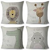 DUILE Cartoon Animal Pillow Covers Kids Pillowcase 18×18 Inch Set of 4 Throw Pillow Covers Set Cotton Throw Cushion Case for Sofa Couch Home Decor School Cushion Case(Hippo, Giraffe, Lion, Crocodile)