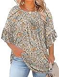 Micoson Womens Plus Size Tops 3/4 Ruffle Sleeve Office Shirts for Women Dressy Summer Spring Tops Loose Fitting Blouse