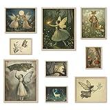 Putuo Decor Enchanted Fairy Tale Wall Art, 9pc Whimsical Fantasy Canvas Prints - Fairies, Magical Forest, Fox, Frogs & Mystical Creatures for Bedroom, Nursery, Kids Room (Unframed)