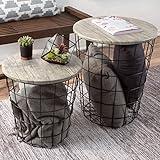 End Tables Set of 2 - Nesting Tables with Removable Wood Tops and Metal Basket Bases for Blanket Storage - Round Side Tables for Living Room, Bedroom, or Home Office by Lavish Home (Gray/Black)