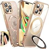 [Never Yellows+CD Ring with Glitter Card fit for MagSafe Stand] Magnetic for iPhone 16 Pro Case with Camera Lens Protection, Clear Shiny Slim Case for iPhone 16 Pro Women Girls, Desert Titanium